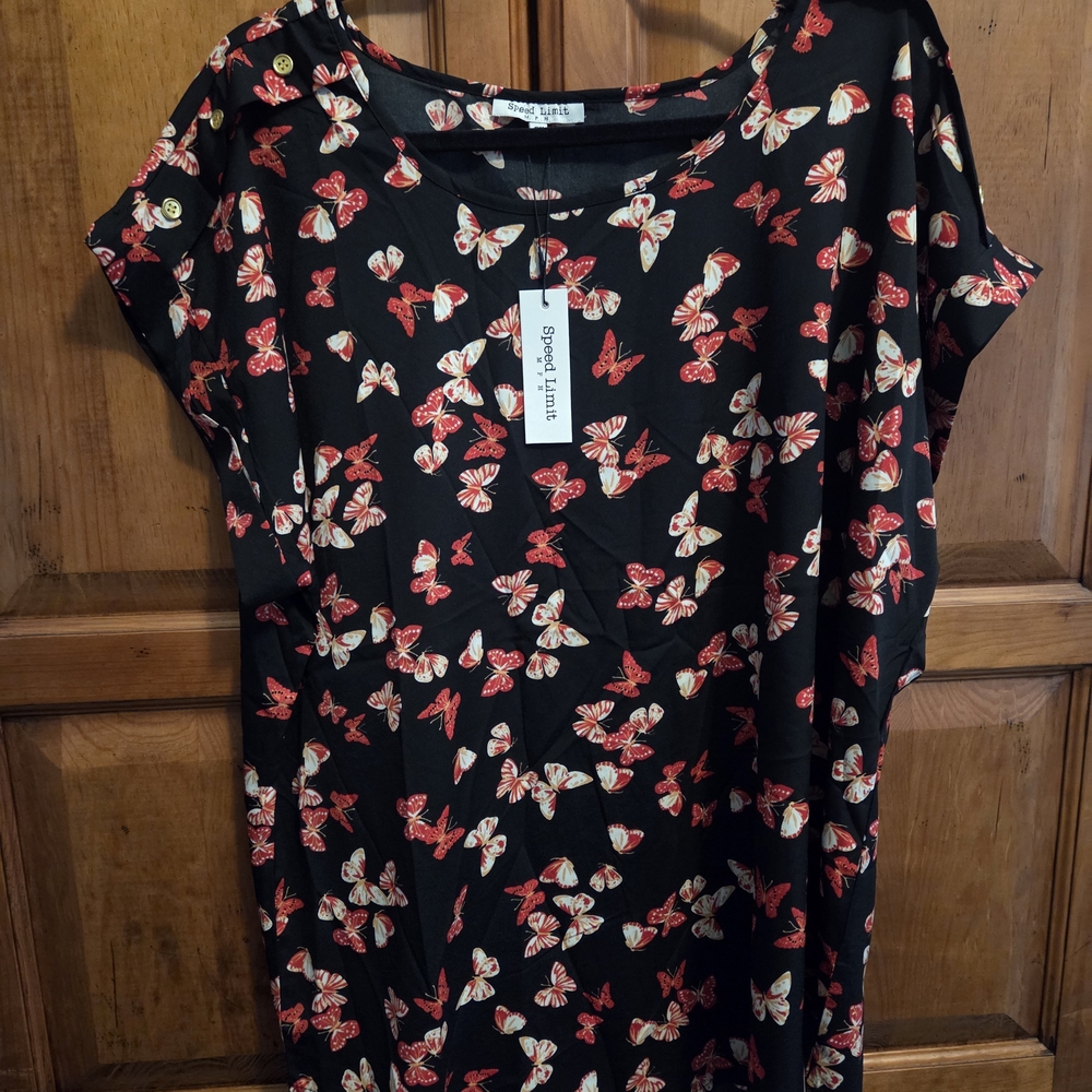 Simply Be Black Top with Red Butterfly Print